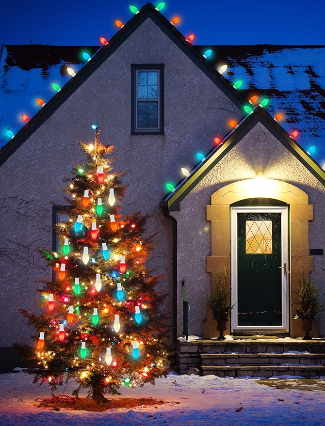 C7 Christmas Lights Outdoor, 25Ft Vintage Christmas String Lights with 27 Multicolor Ceramic Bulbs, Hanging Christmas Decorations Lights for Roofline House Garden Patio Backyard Party-White