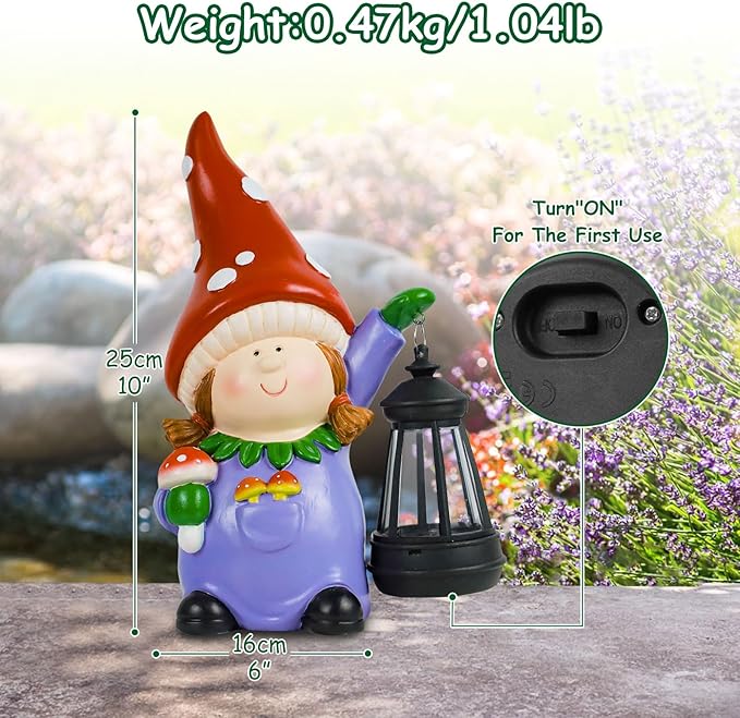 Gnome Statue Garden Ornaments Art Outdoor Decoration with Solar Powered LED Lights Decor for Patio,Balcony,Yard, Mum Birthday Gifts, Garden Gifts for Women
