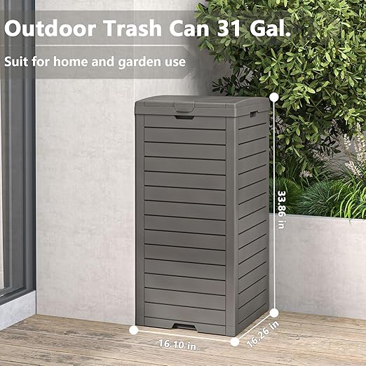 31 Gallon Kitchen Waste Bin with Lid and Drip Tray for Easy Cleaning-Perfect，Resin Outdoor Trash Can for 33-40 Gal Trash Bag, Outdoor Trash Can for Patio,Black Kitchens, and Outdoor Entertaining