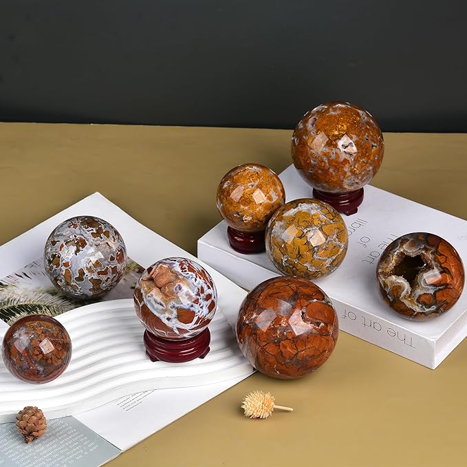 JIC Gem Natural Healing Crystal Sphere Ball Yellow Agate Crystal Decorative Ball with Display Stand Chakra Meditation Fengshui (60-70mm)