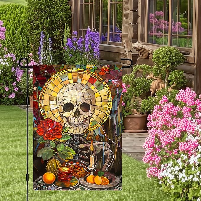 Halloween Horror Garden Flag 12x18 Inch Stained Glass Skull Candle Rose Flag Spooky Skull Outdoor Yard Decoration House Banner Porch Lawn Patio Home Decor