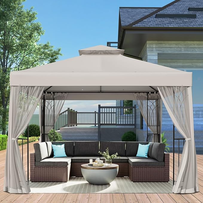 EAGLE PEAK 10x10 Patio Gazebo with Mesh Netting, Double Roof Outdoor Pavilion with Corner Shelves for Lawn, Deck, Garden and Backyard, Beige