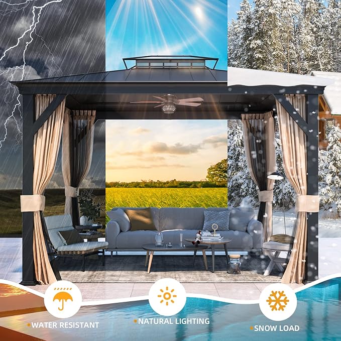 YOLENY 12'x10' Hardtop Gazebo, Outdoor Canopy Gazebos wtth Acrylic & Galvanized Steel Roof,Aluminum Frame with Curtains and Netting, Sunshade for Garden, Patio, Lawns Black