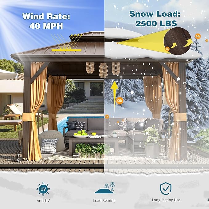 MELLCOM 10'x12' Hardtop Gazebo, Metal Double Roof Aluminum Gazebos with Curtain and Netting,Brown Permanent Galvanized Steel Pavilion for Patio, Lawn & Deck