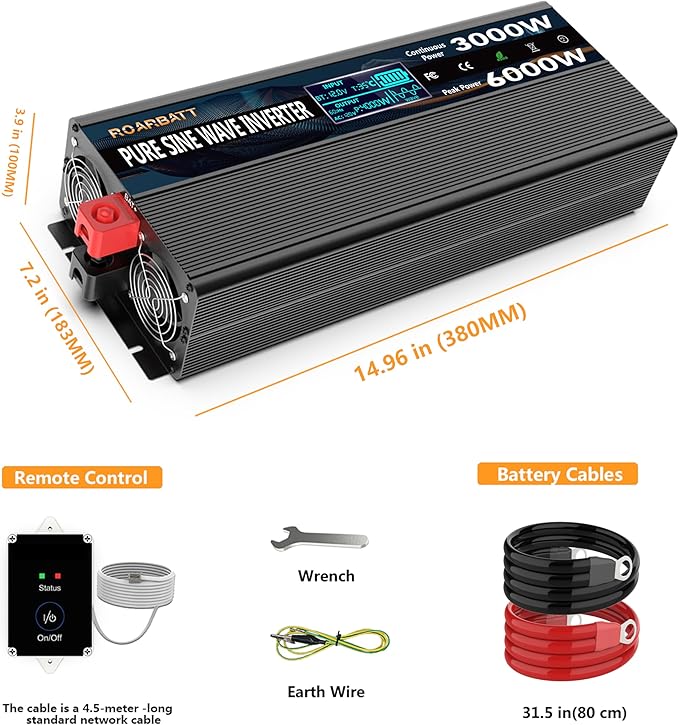 Pure Sine Wave Power Inverter, 3000W 12V DC to 110V/120V AC, Peak 6000W - Remote Control, 4 AC Outlets, Dual USB, LED Display, Terminal Blocks for Truck/RV/Car/Solar