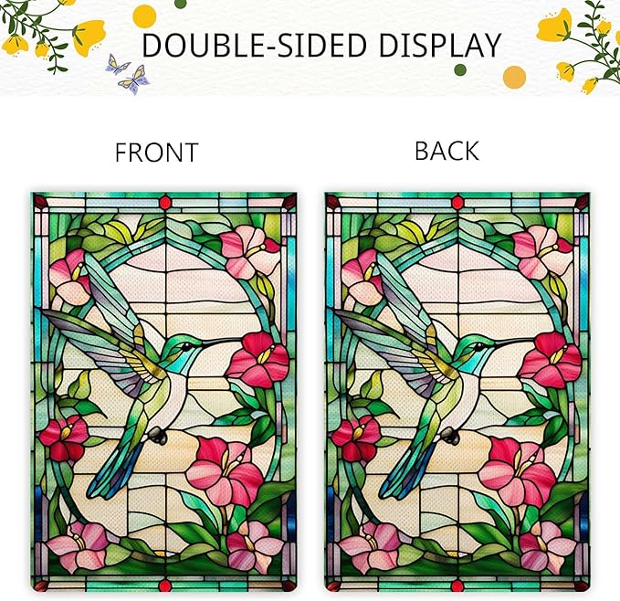 Spring Summer Hummingbird Garden Flag Stained Glass Style Garden Flag Vertical Double Sided Rustic Farmland Burlap Yard Lawn Outdoor Decor 12.5x18"
