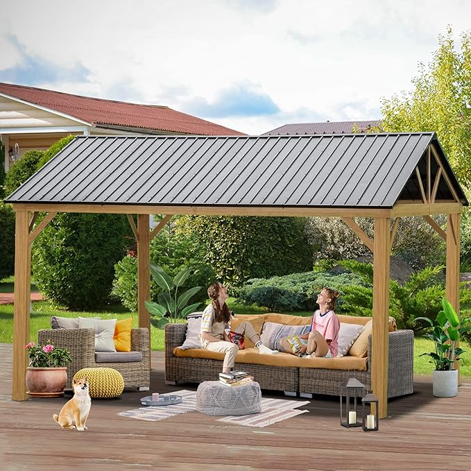12' x 14' Hardtop Gazebo Outdoor Aluminum Gazebo with Galvanized Steel Gable Canopy for Patio Decks Backyard by domi outdoor living (Wood Looking)…