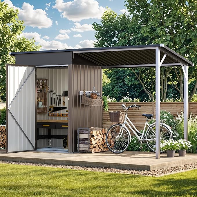 AECOJOY 10x4FT Metal Lean to Shed with Open-Sided Pergola, 5x3 FT Outdoor Storage Shed & 5x3 Attached Hardtop Gazebo Combo, 30 Sq.Ft Covered, 2-in-1 Small Sheds & Outdoor Storage for Patio