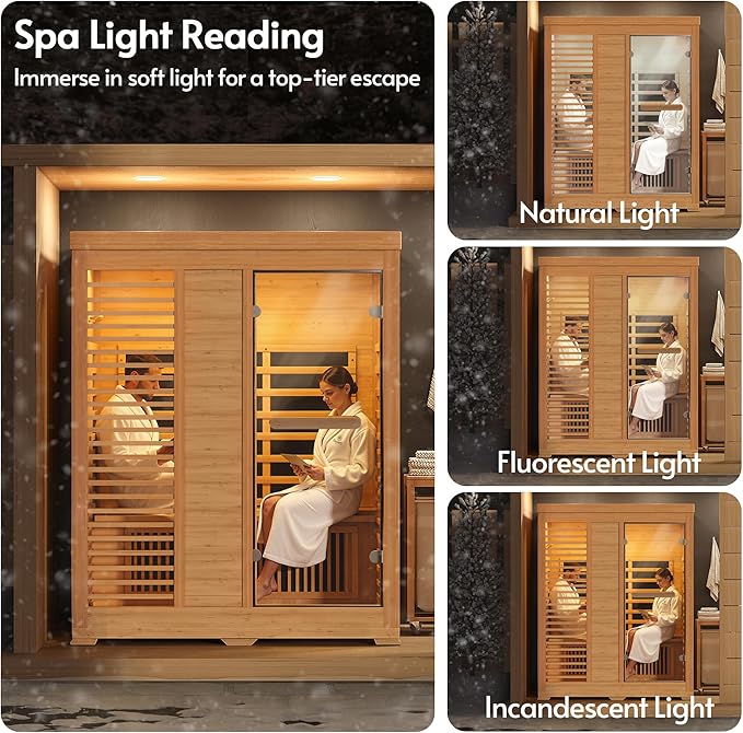 Infrared Sauna at Home 2-3 Person with 7 Color Therapy, Low EMF 2250W Fast Heating Canadian Hemlock Wood Sauna, Indoor Dry Sauna with Bluetooth Speakers for Home, Gym (5Lx3.6Wx6.3H Ft)