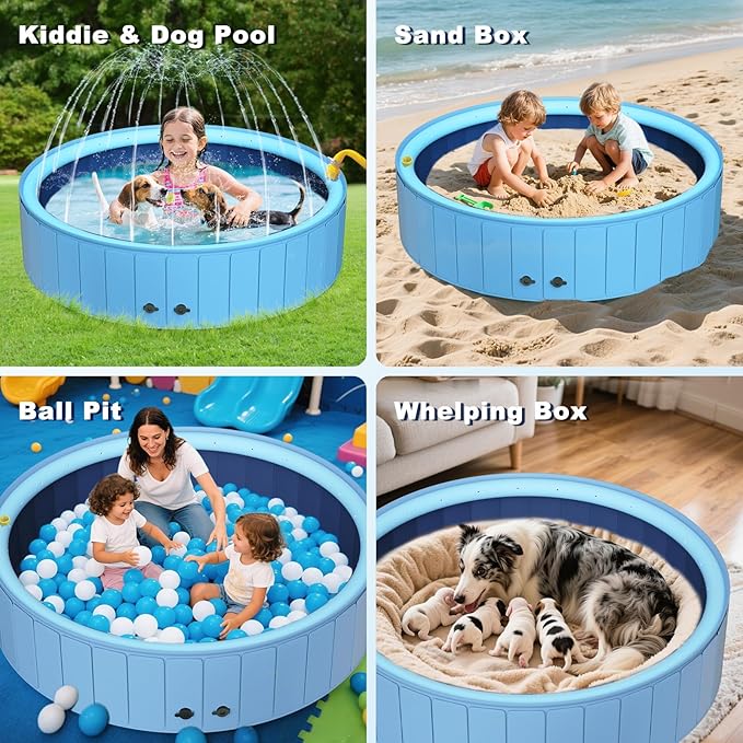 UCCY 2-in-1 Foldable Dog Pool for Large Dogs Hard Plastic Splash Sprinkler Kiddie Swimming Pool Non-Slip Portable Dog Bathtubs Collapsible Multi-Use Whelping Box Ball Pit Duck Pond Blue L-48"x12"