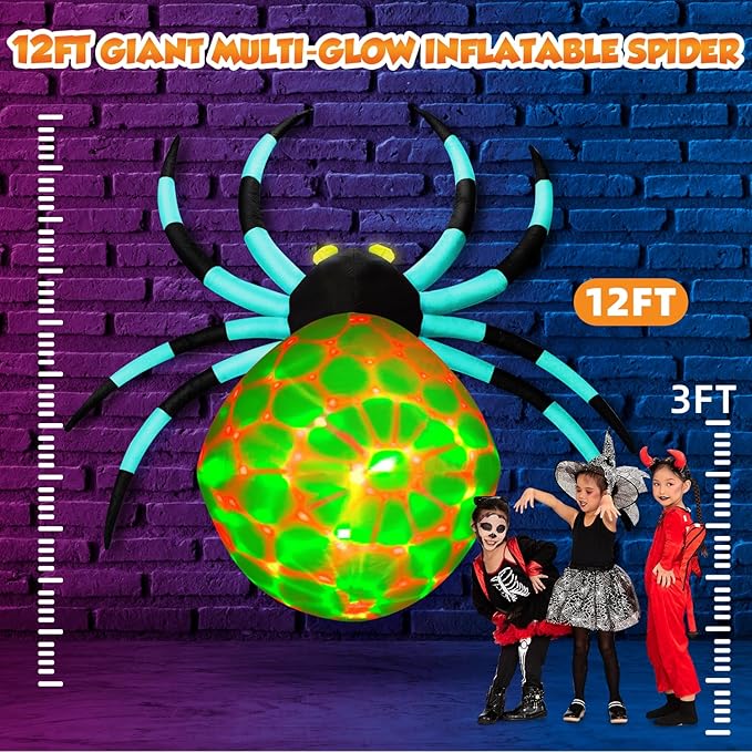 12Ft Giant Halloween Inflatables Spider Built-in 7-Color-Shifting Eyes & 3-Effect-Flashing Belly, Large Halloween Decorations Outdoor Huge Blow Up Yard Decorations Blowups for Holiday- 1PCS（Cyan）