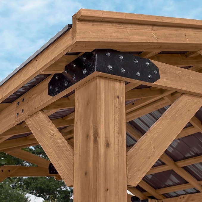 Backyard Discovery Norwood 14' x 10' Cedar Wood Outdoor Gazebo Pavilion with Hardtop Galvanized Steel Peak Roof, Snow Support, Wind Resistance, PowerPort, Shade for Garden, Patio, Deck, Entertaining