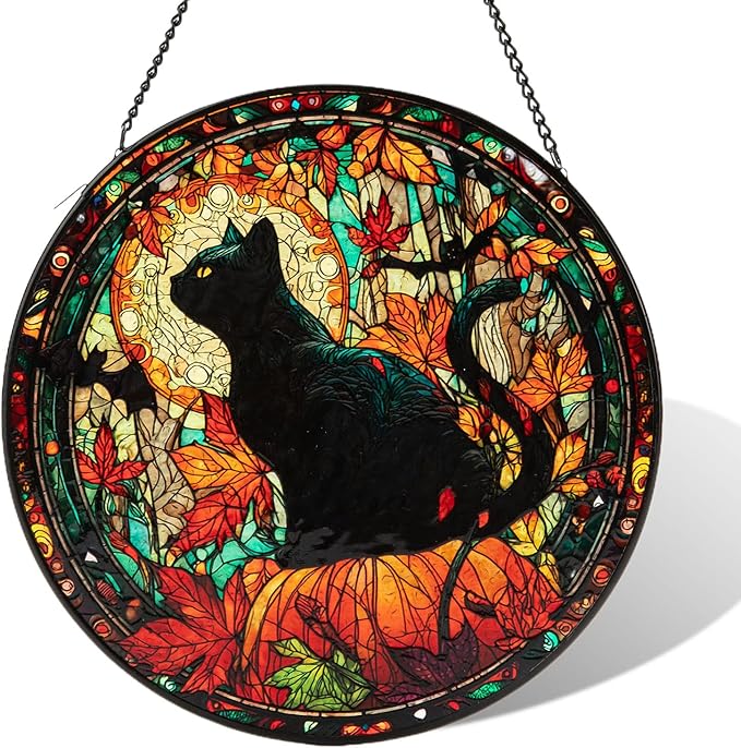 Stained Glass Window Hanging, Halloween Decorations Black Cat Maple Leaf Suncatcher for Doors Garden Indoor Funny Spooky Sun Catchers Gothic Decor for Women, Men, and Mom 8 in