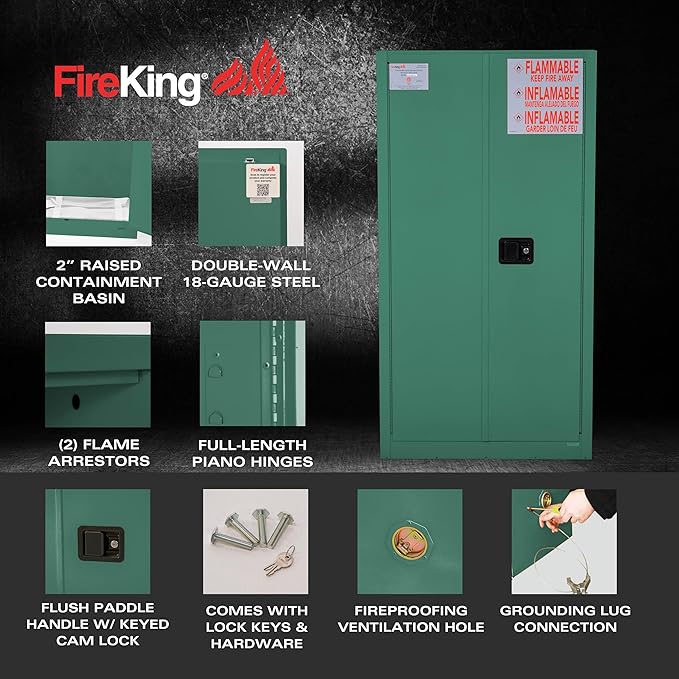 FireKing Green Flammable Safety Cabinet, Pesticides Flammable Storage Cabinet, 60 Gallon Steel Safety Cabinets with Manual Door for Commercial, Industrial & Home Use, 34" x 34" x 65"