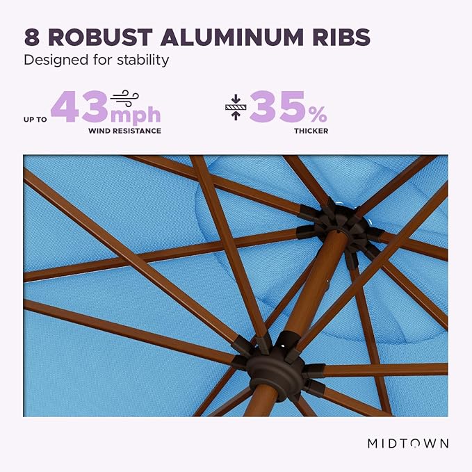Midtown Umbrellas Sunbrella Umbrella Outdoor Patio Umbrella 2-9 Feet in Sunbrella Capri Acrylic Fabric, Auto-Tilt Aluminum Frame For Backyard Umbrella, Deck Umbrella & Porch Umbrella - Wooden Pole