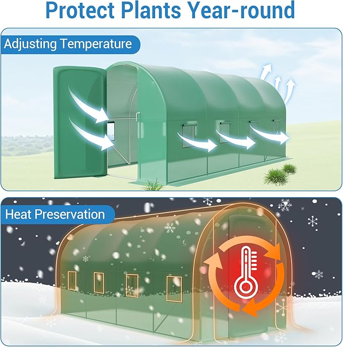 15X7x7 Ft Walk-in Tunnel Greenhouse for Outdoor Gardening - Heavy Duty Galvanized Steel Hoop House with Green PE Cover, A Swing Door & 8 Vent Windows, Garden Plant Protection for Winter Use