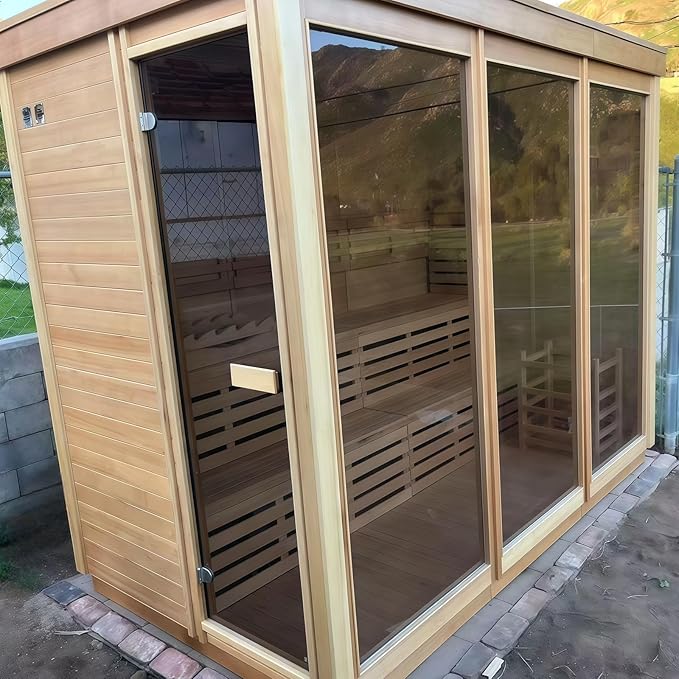 Customize Wood Burning Sauna 3-8 Person, Outdoor Red Cedar Steam Saunas, ETL Harvia Heater, Glass Wall Saunas, 220V, Rectangle Sauna Room with Backrest Headrest, Waterproofing System(0-195℉)