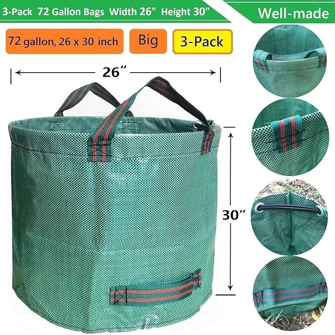Professional 3-Pack 72 Gallons Yard Lawn Garden Bags (D26, H30 inches) with Coated Garden Gloves,Reusable Leaf Waste Bags,Patio Bags,Laundry Container,Gardening Trimmings Bag with 4 Handles