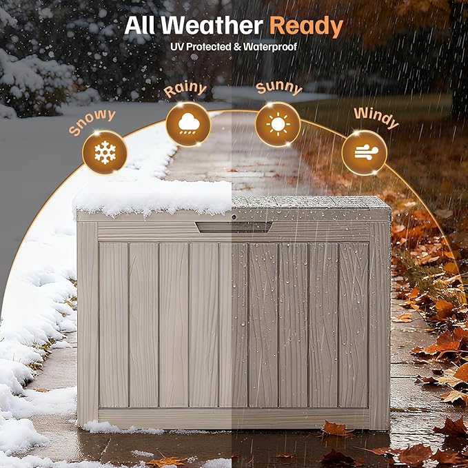 45 Gallon Deck Box, Small Outdoor Storage Box Waterproof, UV-Resistant and Weatherproof Outside Resin Storage Bin for Outdoor Patio Furniture Pillows, Pool Supplies, Garden Tools, Light Brown