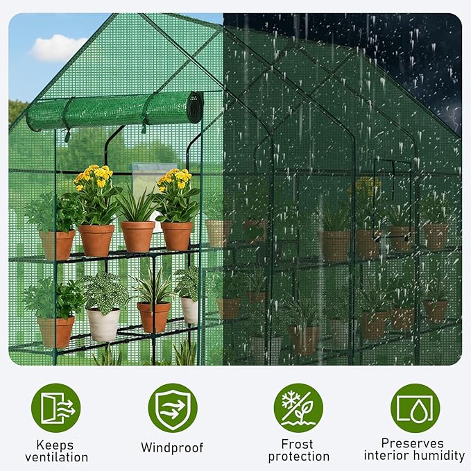 Outvita Walk-in Greenhouse, Outdoor Durable PE Plant Green House for Frost Protection with 3 Tiers 12 Shelves, Shelf Clips, Roll-up Zipper Door, 56"x85"x77" Green