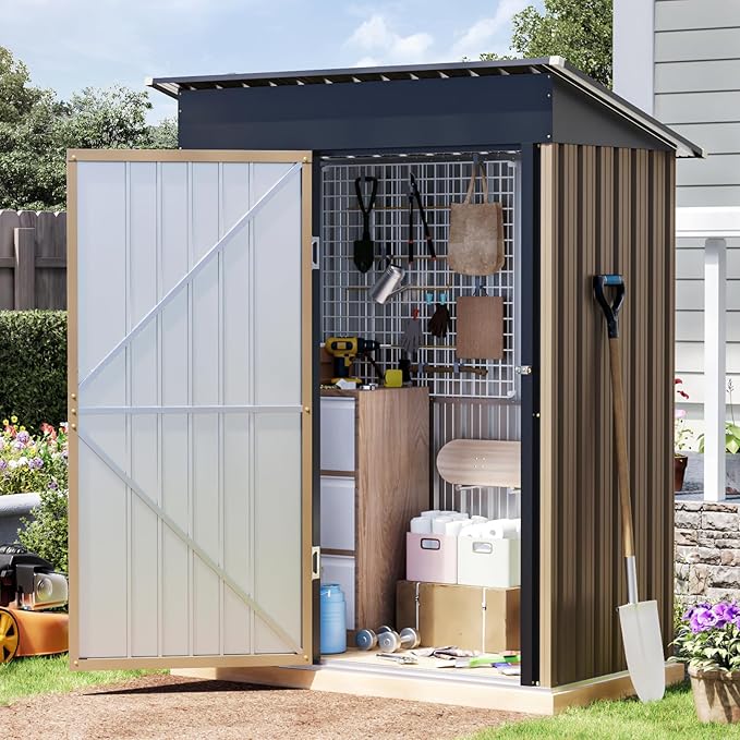 3x5 FT Outdoor Metal Storage Shed with Floor Frame, Single Door, 1 Clear Window, Tool Shed for Garden, Patio, Backyard Brown