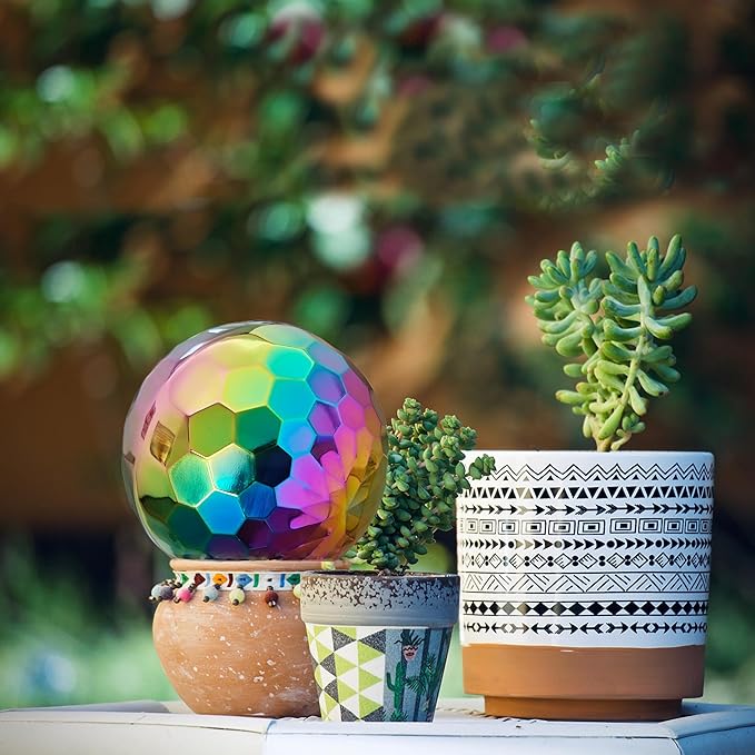 304 Stainless Steel Gazing Ball Sculptures Diamond Ball Decoration Mirror Hollow Decor Ball Reflective Garden Sphere Hollow Metal Ball Ornament Statues Gazing Globe for Home Garden (Rainbow 10 inch)