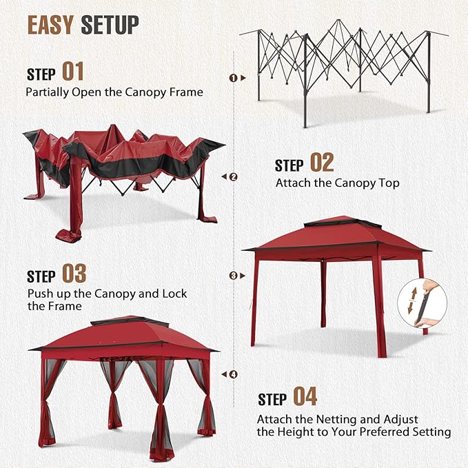 11x11 Outdoor Pop up Gazebo Tent with Mesh Walls for Patio, Lawn, Backyard and Deck, Red