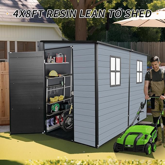 LANTRO JS 4x8FT Plastic Storage Shed with Floor, Outdoor Storage Shed with Floor Included, with 2 Windows and Lockable Door, Backyard Storage Sheds for Garden Tools, Bike, Gray and Black