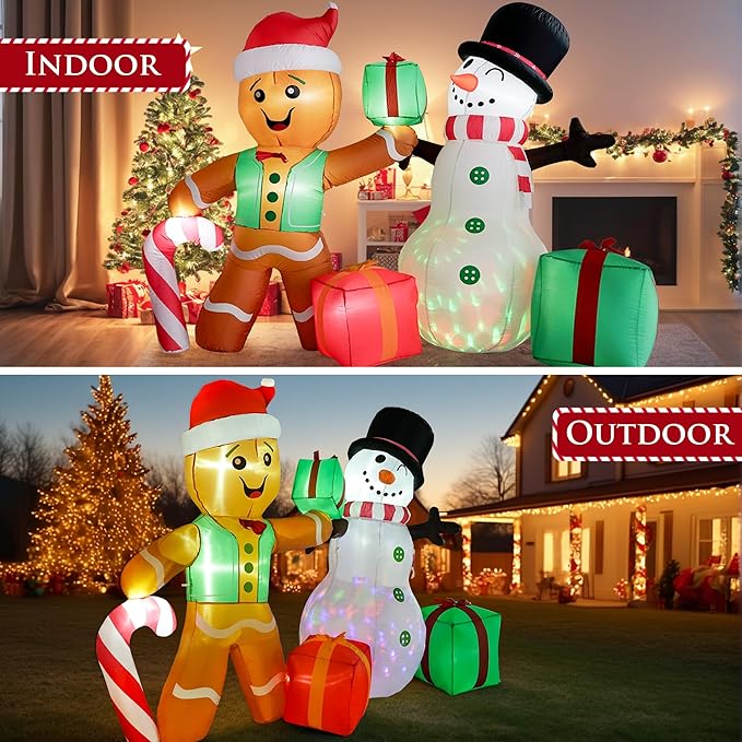COOLWUFAN 6 FT Christmas Decorations Outdoor Inflatables Gingerbread Man Snowman Blow Up Yard Decor, Outdoor Inflatables Decorations with Rotating LED Light for Garden Patio Lawn Holiday Party Xmas