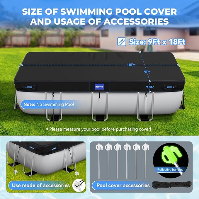 9x18 Ft Rectangular Pool Cover with Reflective Strips for Above Ground Pool, 420D Swimming Pool Cover for Rectangular or Oval Frame Pools, Solar Cover with Drawstring and Ground Nails