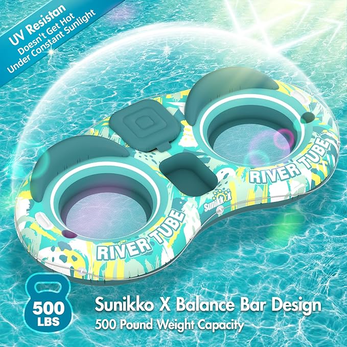 5-in-1 Pool Floats Adult Heavy Duty River Tube, 2 Person Water Lounge with Backrests, Built-in Cooler, Cup Holders, Deluxe Pool Float for Summer Relaxation