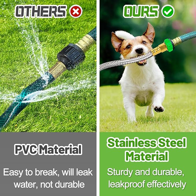 3ft Short Garden Hose with Female to Female Connector - Metal Leakproof Leader Hose for Hose Reel, Heavy Duty 304 Stainless Steel Flexible Hose for Outdoor Garden Watering Car Pet Cleaning