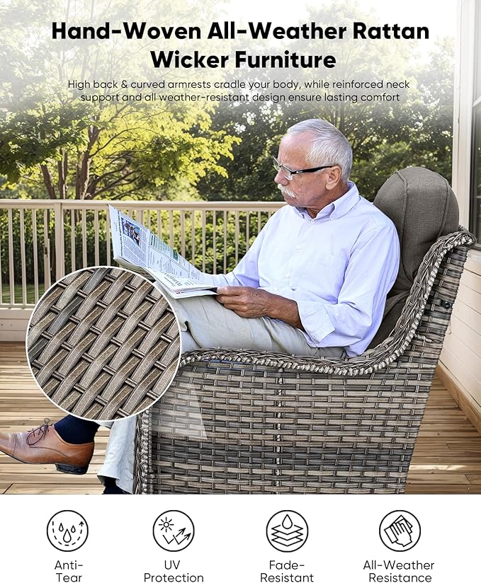 7-Piece Outdoor Wicker Patio Furniture Set with Swivel Glider Chairs,Loveseat, Coffee Table & Ottomans 5” Olefin Cushions Ergonomic Neck-Lumbar Backrest All-Weather Rattan for Garden, Deck, Porch