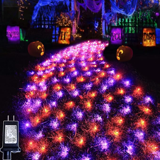 Pooqla 360 LED Halloween Net Lights Outdoor, 21 ft x 5 ft Connectable Mesh String Lights 8 Modes Waterproof Plug in for Halloween Decoration Bushes Yard Garden Party, Orange and Purple