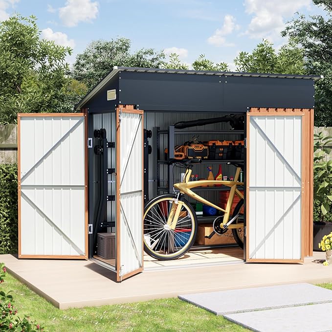 8x4 Ft Outdoor Metal Shed, Storage Shed with Triple Lockable Doors, Front & Side Door for Easy Access, Large Garden Tool Shed for Backyard, Patio, Lawn & Utility Storage