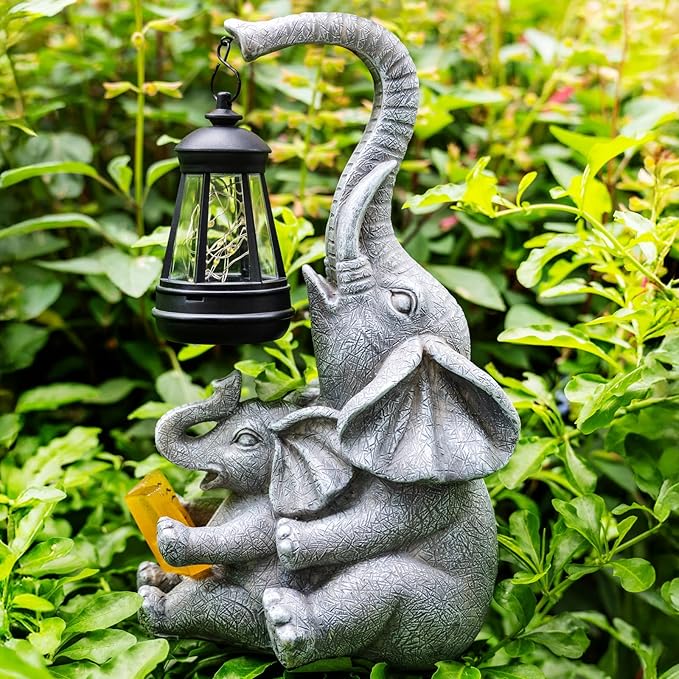 Solar Elephant Statue Lights Outdoor Garden Decoration, Elephant Statue with Solar Lantern Outdoor Decoration for Mother Women Birthday Gift-Courtyar Balcony Lawn Decor
