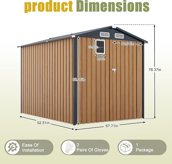 6x8 FT Sheds & Outdoor Storage,Steel Storage Shed with Lockable Doors and Window,Waterproof Garden Shed w/Roof Slope Design & Weather Versatility,Tool House for Storing Bicycles,Yellow