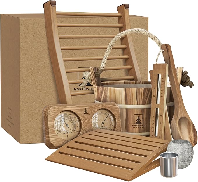 Sauna Accessories Kit - Handmade from Canadian Red Cedar Wood - Complete Set (Bucket & Ladle, Thermometer & Hygrometer, Sand Timer, Aromatherapy Cup, Backrest, Headrest)