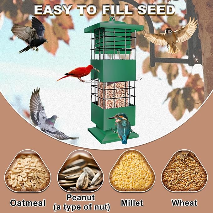 Squirrel Proof Bird Feeders for Outdoors Hanging, Large Capacity Gravity Protection Bird Feeders with 4 Feeding Ports, Metal Wild Bird Feeders for Outside, Finch, Cardinal, Blue Jay, 3.5Lbs