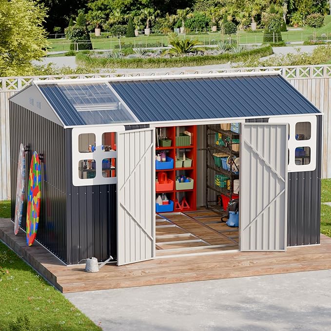 10x12 FT Metal Outdoor Storage Shed with Base Frame, Reinforced Frame Heavy Duty Large Waterproof Garden Tool Sheds with Unique Skylight Windows Air Vent for Patio Yard，Dark Grey