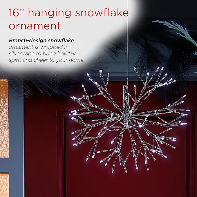 Alpine Corporation 16"H Indoor Holiday 3D Snowflake Hanging Ornament with LED Lights, White , Christmas Decoration