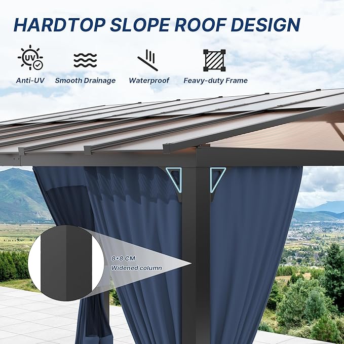 Gotland 10FTx12FT Outdoor Wall-Mounted Hardtop Pergola, Metal Frame Gazebo with Sloping Sun Panel Roof and Double Curtains for Patio, Garden, Lawn, Navy