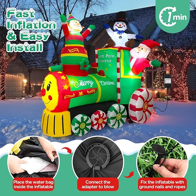 6.2FT Christmas Inflatables Train & Santa Claus Outdoor Yard Decortaions Blow-up Christmas Decor with Built-in LED Lights for Garden Lawn Party