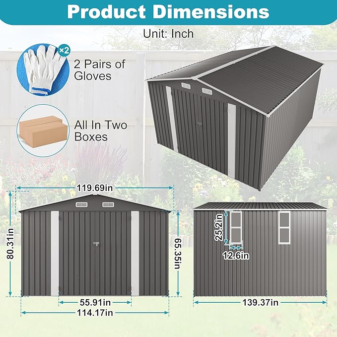 10x12 FT Outdoor Storage Shed, Large Metal Tool Shed with Peaked Roof and Lockable Door, Galvanized Steel Garden Shed with Clear Windows for Backyard Garden Patio Lawn, Gray