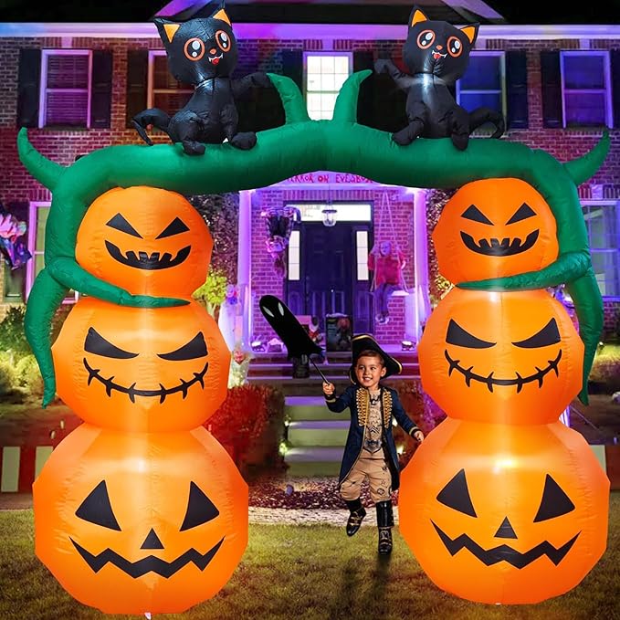 DearSun 9FT H Giant Halloween Inflatable Pumpkin Archway with Two Black Witch's Cats, Halloween Inflatable Arch with Build-in LED Lights Outdoor Decorations Large Party Yard Decoration