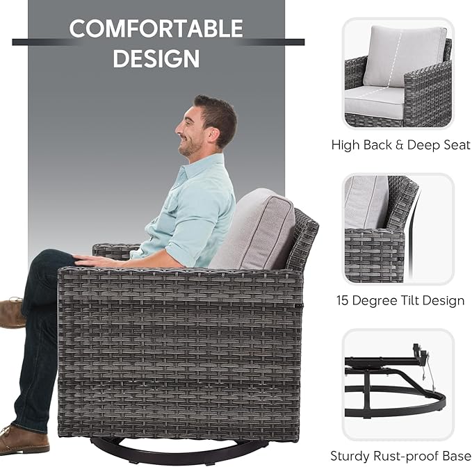 9 Piece Wicker Patio Furniture Set - Outdoor Swivel Rocker Chairs Set with Coffee Table, Rattan Chairs, 3 Seat Sofa & Ottomans, Patio Conversation Sets for Bcakyard Deck - Grey/Beige