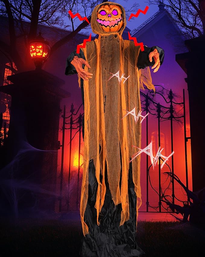 Joomer Animated Halloween Decorations Outdoor, Life-Size Animatronic Standing Pumpkin Man Decoration with Spooky Sound Activated Sensor for Haunted House, Party, Indoor,Outdoor Halloween Decoration