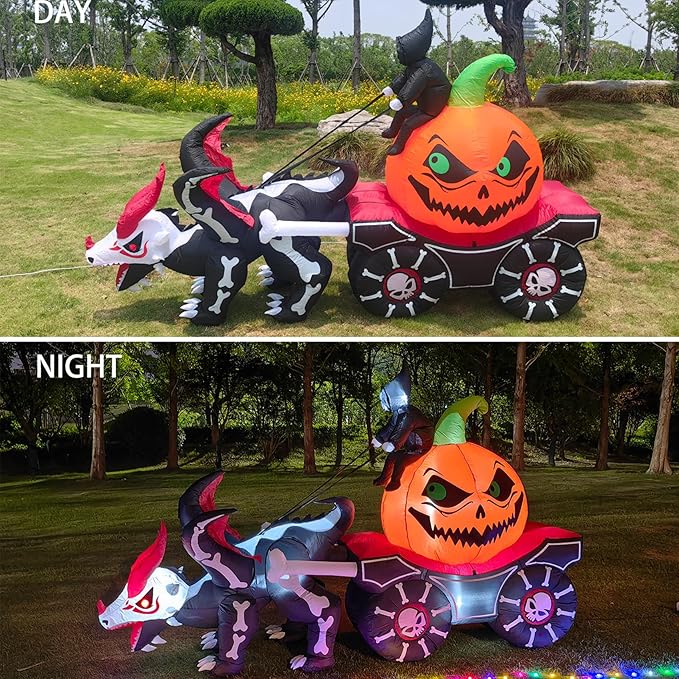DearSun 9FT L Halloween Inflatable Carriage, Grim Reaper Sits on Pumpkin and Drives Skeleton Dragon Carriage with Build-in LED Lights, Blow up Halloween Inflatable Outdoor Decorations