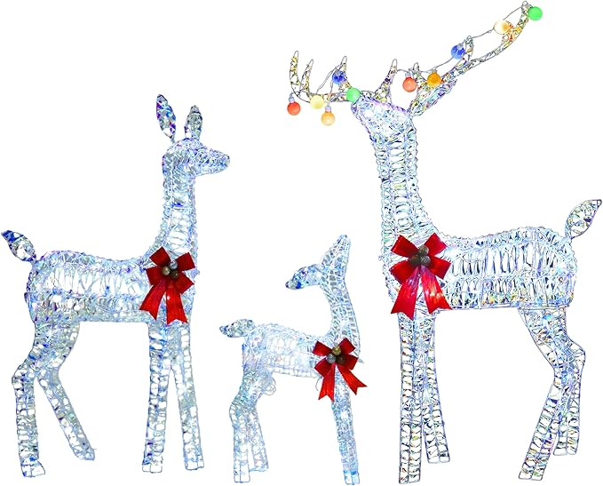 Outdoor Lighted Reindeer Family Christmas Decor, 52" H Iridescent Deer 3D Holiday Yard Decorations with 200 White LED Lights, 3-Piece Set, Perfect for Lawn, Gardern