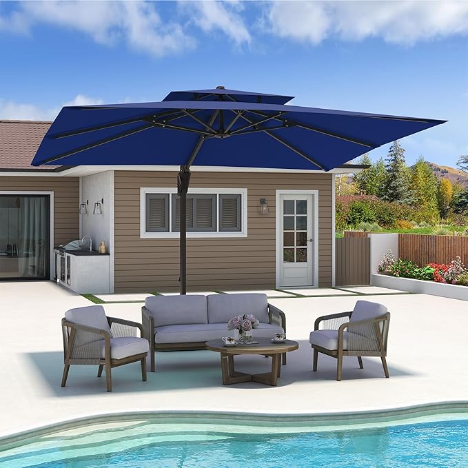 10x13 FT Cantilever Patio Umbrella Double Top Outdoor Rectangular Large Heavy Duty Aluminum Offset Umbrellas with 7 Level Tilt 360-degree Rotation for Pool Garden Deck, Navy